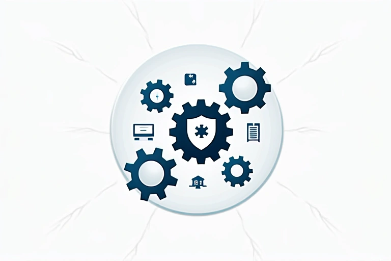 Abstract representation of intellectual property, with interlocking gears and document icons, symbolizing protection and ownership